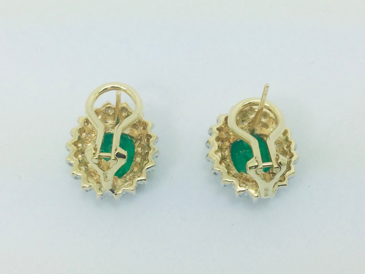 14k Yellow Gold Oval Cut 2ct Emerald & 72pt Diamond Earrings