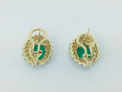 14k Yellow Gold Oval Cut 2ct Emerald & 72pt Diamond Earrings
