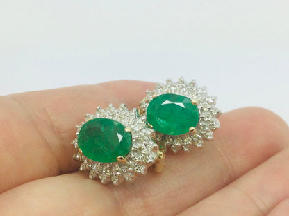 14k Yellow Gold Oval Cut 2ct Emerald & 72pt Diamond Earrings