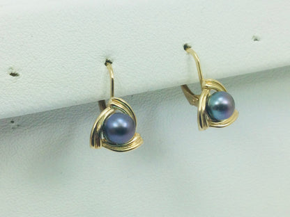 10k Yellow Gold Black Tahitian Pearl Earrings