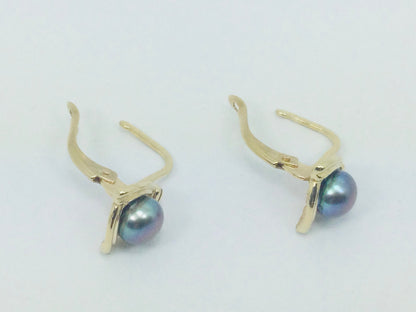 10k Yellow Gold Black Tahitian Pearl Earrings