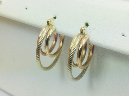 14k Tri Colour Gold Round Circular Hoop Earrings