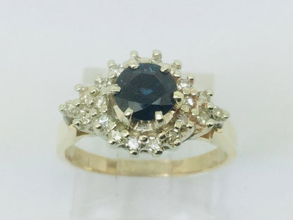 14k Yellow Gold Round Cut 65pt Sapphire & 20pt Diamond Cluster Ring