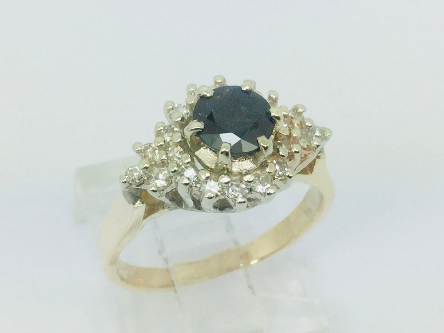 14k Yellow Gold Round Cut 65pt Sapphire & 20pt Diamond Cluster Ring