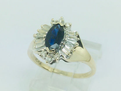 10k Yellow Gold Marquise Cut 50pt Sapphire & 19pt Diamond Ring