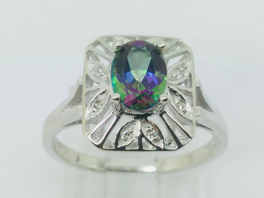 10k White Gold Oval Cut 0.75ct Rainbow Topaz & Diamond Accent Ring