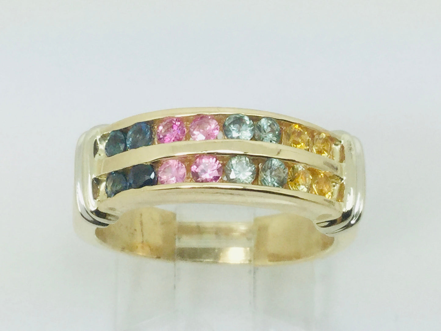14k Yellow Gold Multi Color Blue Pink Yellow Aqua Topaz Ring