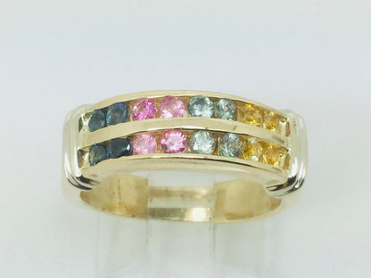 14k Yellow Gold Multi Color Blue Pink Yellow Aqua Topaz Ring