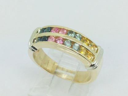 14k Yellow Gold Multi Color Blue Pink Yellow Aqua Topaz Ring