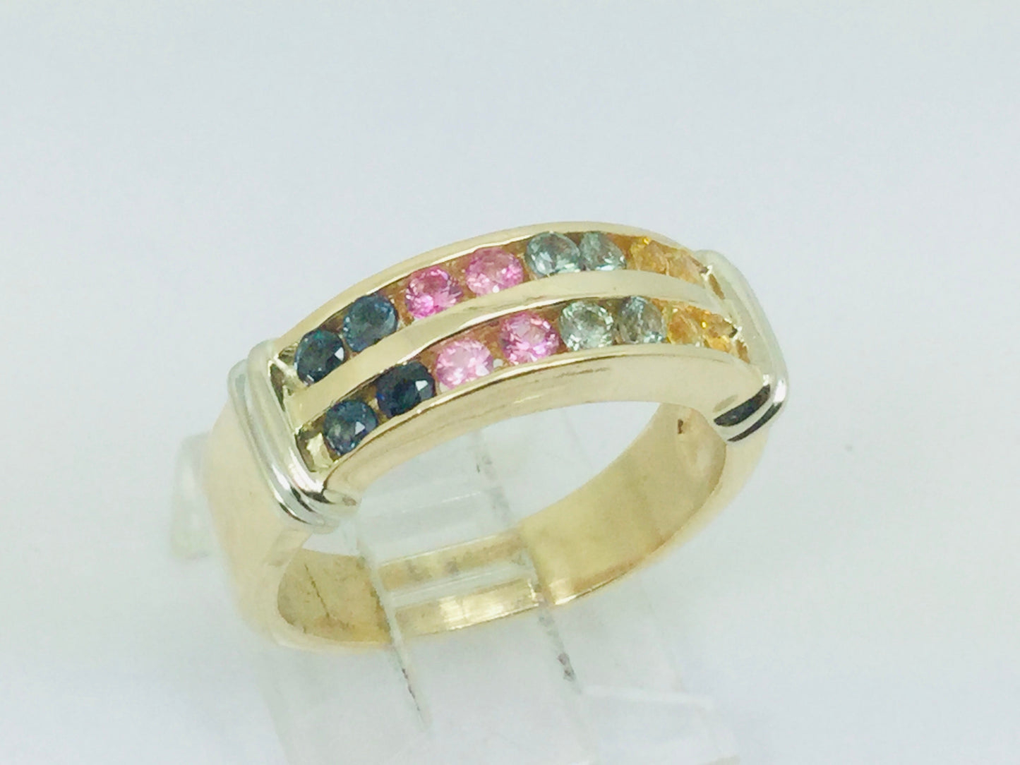 14k Yellow Gold Multi Color Blue Pink Yellow Aqua Topaz Ring