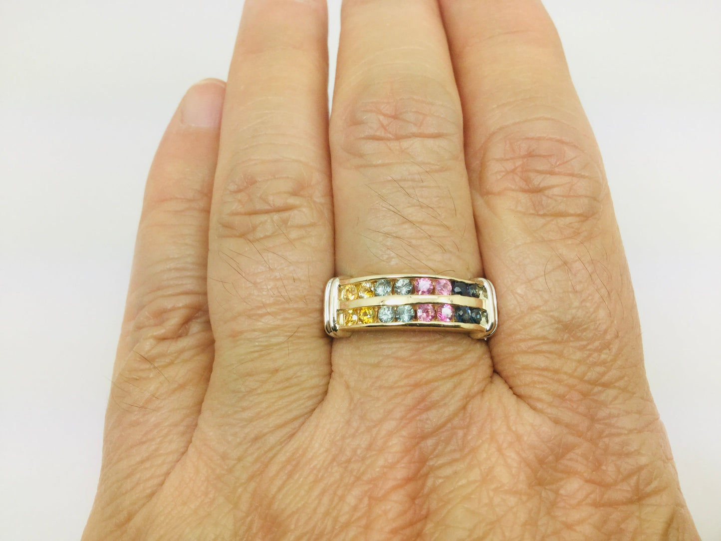 14k Yellow Gold Multi Color Blue Pink Yellow Aqua Topaz Ring