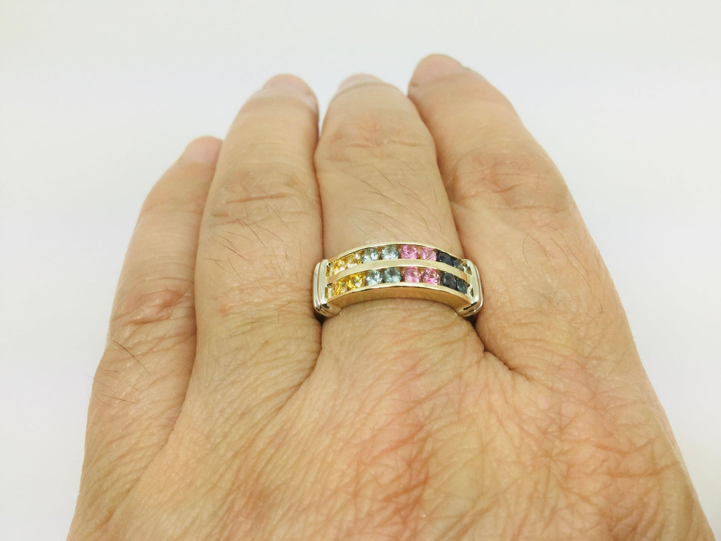 14k Yellow Gold Multi Color Blue Pink Yellow Aqua Topaz Ring