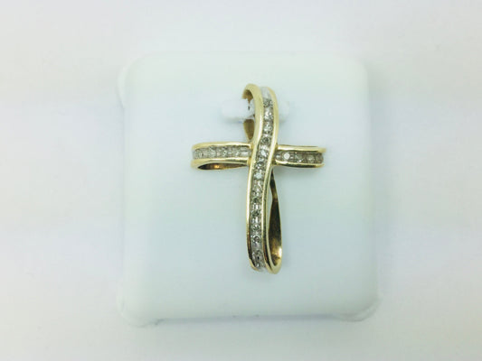 10k Yellow Gold Round Cut 11pt Diamond Cross Pendent