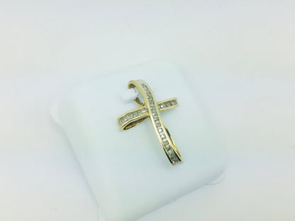 10k Yellow Gold Round Cut 11pt Diamond Cross Pendent
