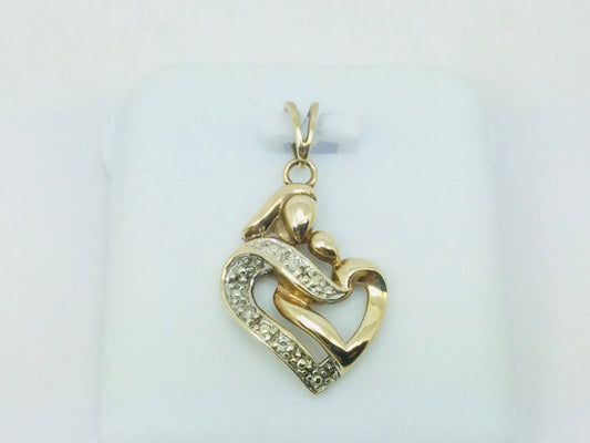 10k Yellow Gold Round Cut 3pt Diamond Heart Mother and Child Pendent