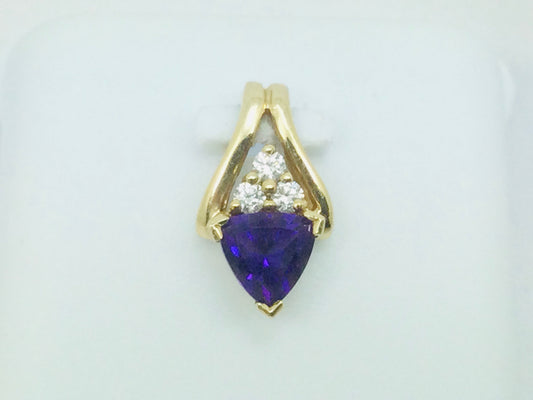 14k Yellow Gold Triangular Cut Amethyst & 10pt Diamond Pendent