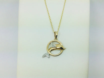 10k Yellow Gold Round Cut 2pt Diamond Dolphin Pendent