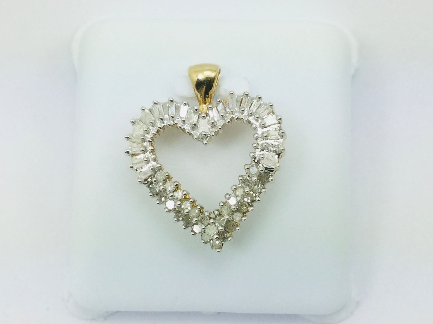 10k Yellow Gold Baguette and Round Cut 70pt Diamond Heart Pendent