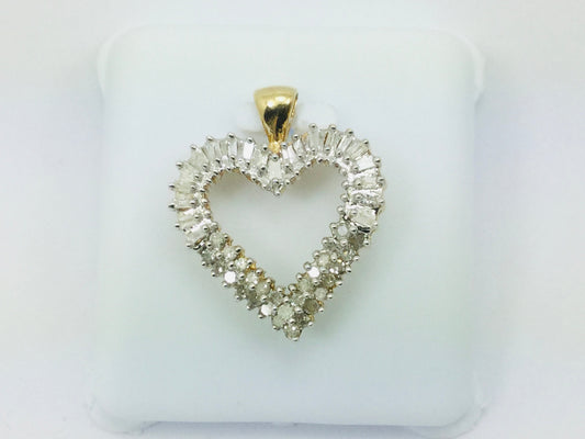 10k Yellow Gold Baguette and Round Cut 70pt Diamond Heart Pendent
