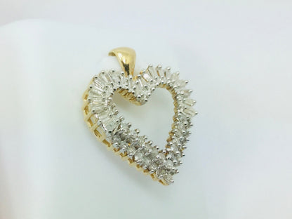 10k Yellow Gold Baguette and Round Cut 70pt Diamond Heart Pendent