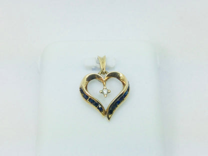 10k Yellow Gold Round Cut 12pt Sapphire & 2pt Diamond Heart Pendent