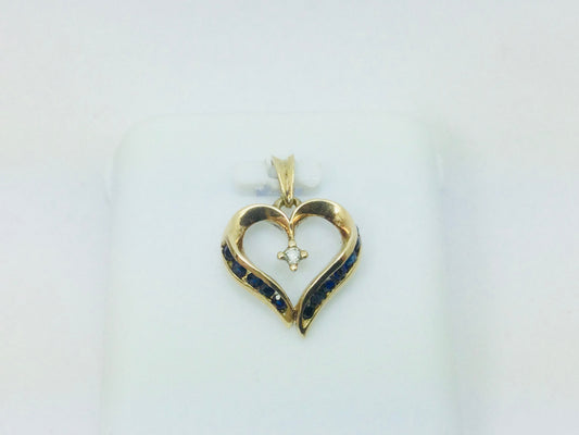 10k Yellow Gold Round Cut 12pt Sapphire & 2pt Diamond Heart Pendent