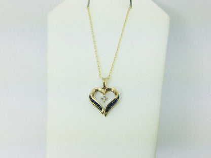 10k Yellow Gold Round Cut 12pt Sapphire & 2pt Diamond Heart Pendent