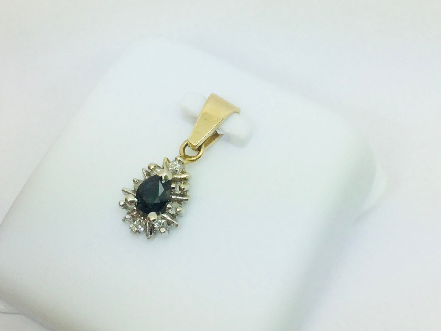 14k Yellow Gold Pear Cut 30pt Sapphire & 12pt Diamond Pendent