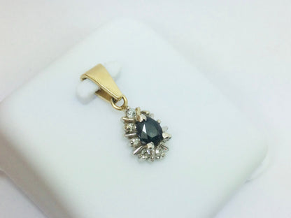 14k Yellow Gold Pear Cut 30pt Sapphire & 12pt Diamond Pendent