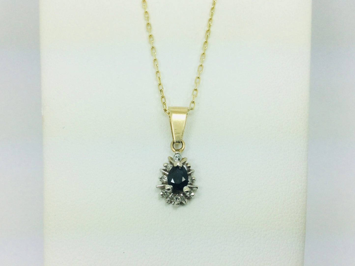 14k Yellow Gold Pear Cut 30pt Sapphire & 12pt Diamond Pendent