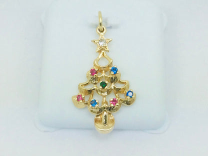 14k Yellow Gold Round Cut Ruby, Sapphire, Emerald & CZ Christmas Tree Pendent