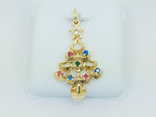 14k Yellow Gold Round Cut Ruby, Sapphire, Emerald & CZ Christmas Tree Pendent