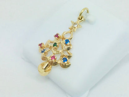 14k Yellow Gold Round Cut Ruby, Sapphire, Emerald & CZ Christmas Tree Pendent