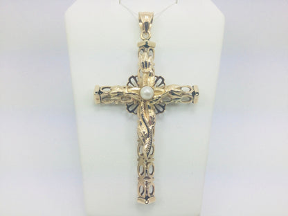 14k Yellow Gold Genuine Pearl June Birthstone Cross Pendent