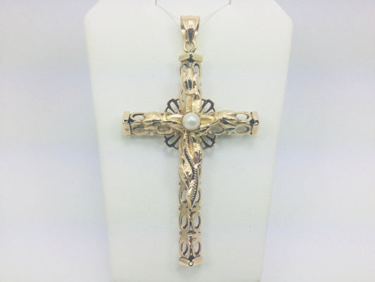 14k Yellow Gold Genuine Pearl June Birthstone Cross Pendent