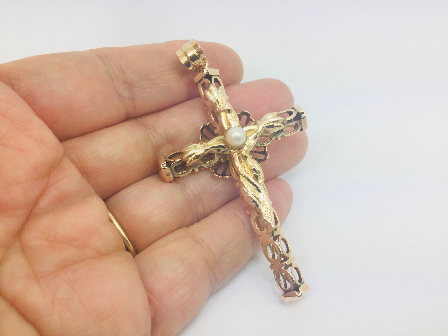 14k Yellow Gold Genuine Pearl June Birthstone Cross Pendent
