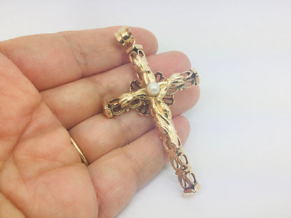14k Yellow Gold Genuine Pearl June Birthstone Cross Pendent
