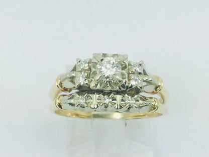 14k White and Yellow Gold 32.5pt Round Cut Diamond Vintage Engagement Ring & Wedding Band