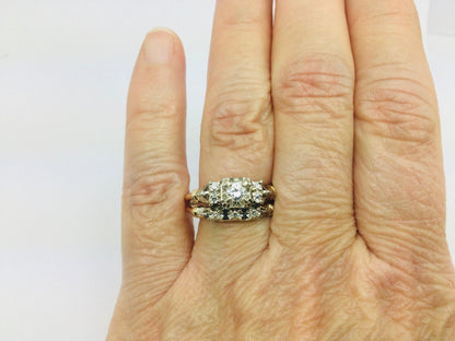 14k White and Yellow Gold 32.5pt Round Cut Diamond Vintage Engagement Ring & Wedding Band