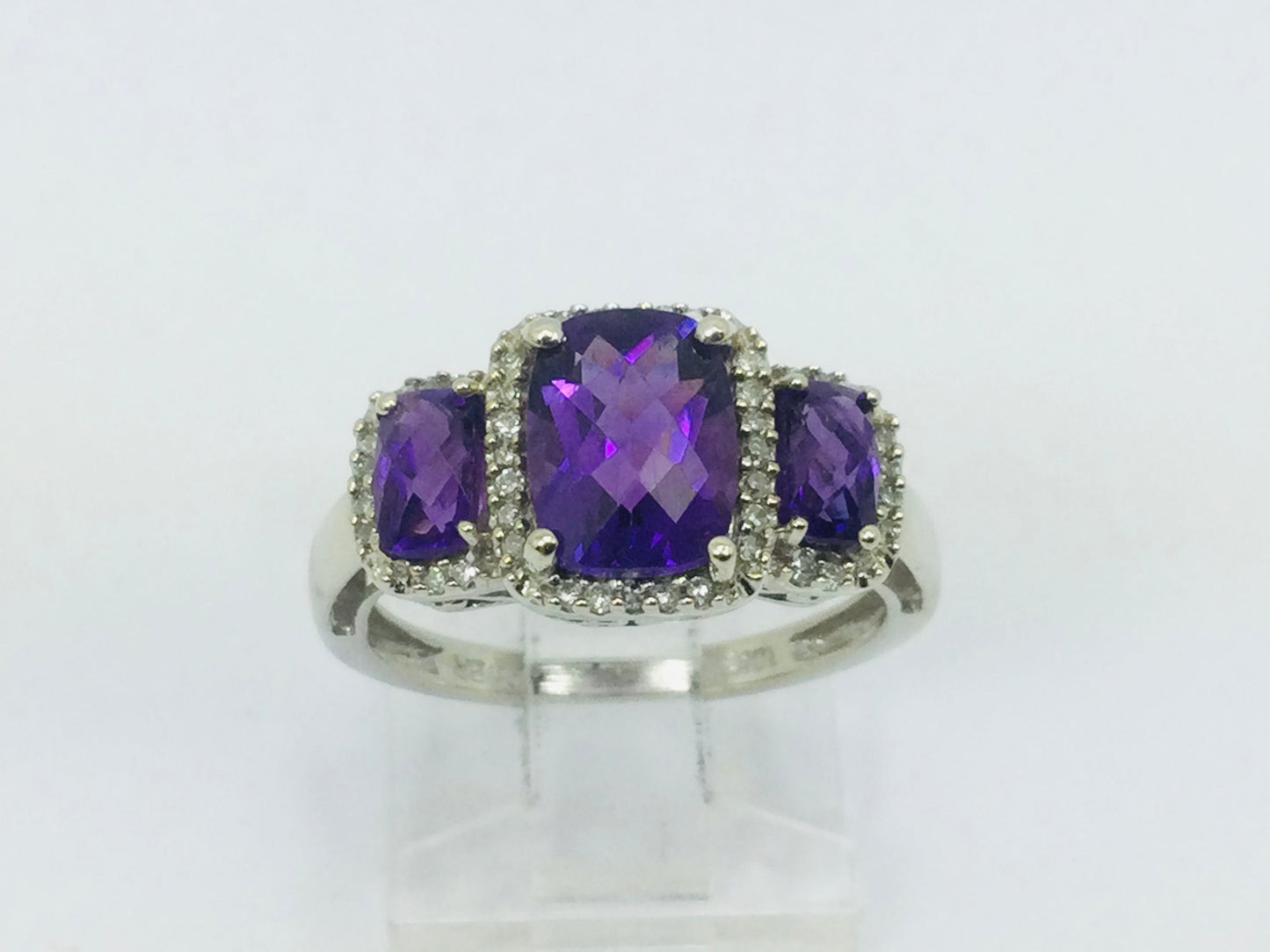 10k White Gold Cushion Cut Amethyst February Birthstone & Diamond Halo Ring