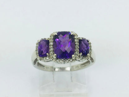 10k White Gold Cushion Cut Amethyst February Birthstone & Diamond Halo Ring