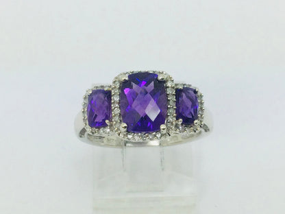 10k White Gold Cushion Cut Amethyst February Birthstone & Diamond Halo Ring