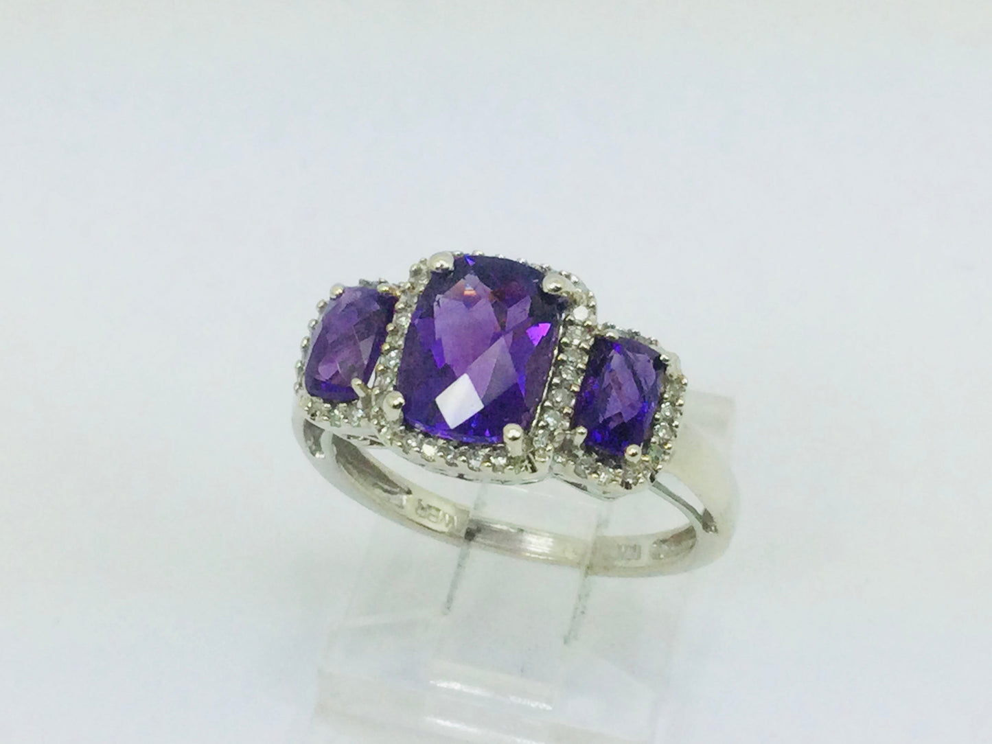 10k White Gold Cushion Cut Amethyst February Birthstone & Diamond Halo Ring