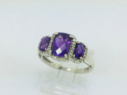 10k White Gold Cushion Cut Amethyst February Birthstone & Diamond Halo Ring