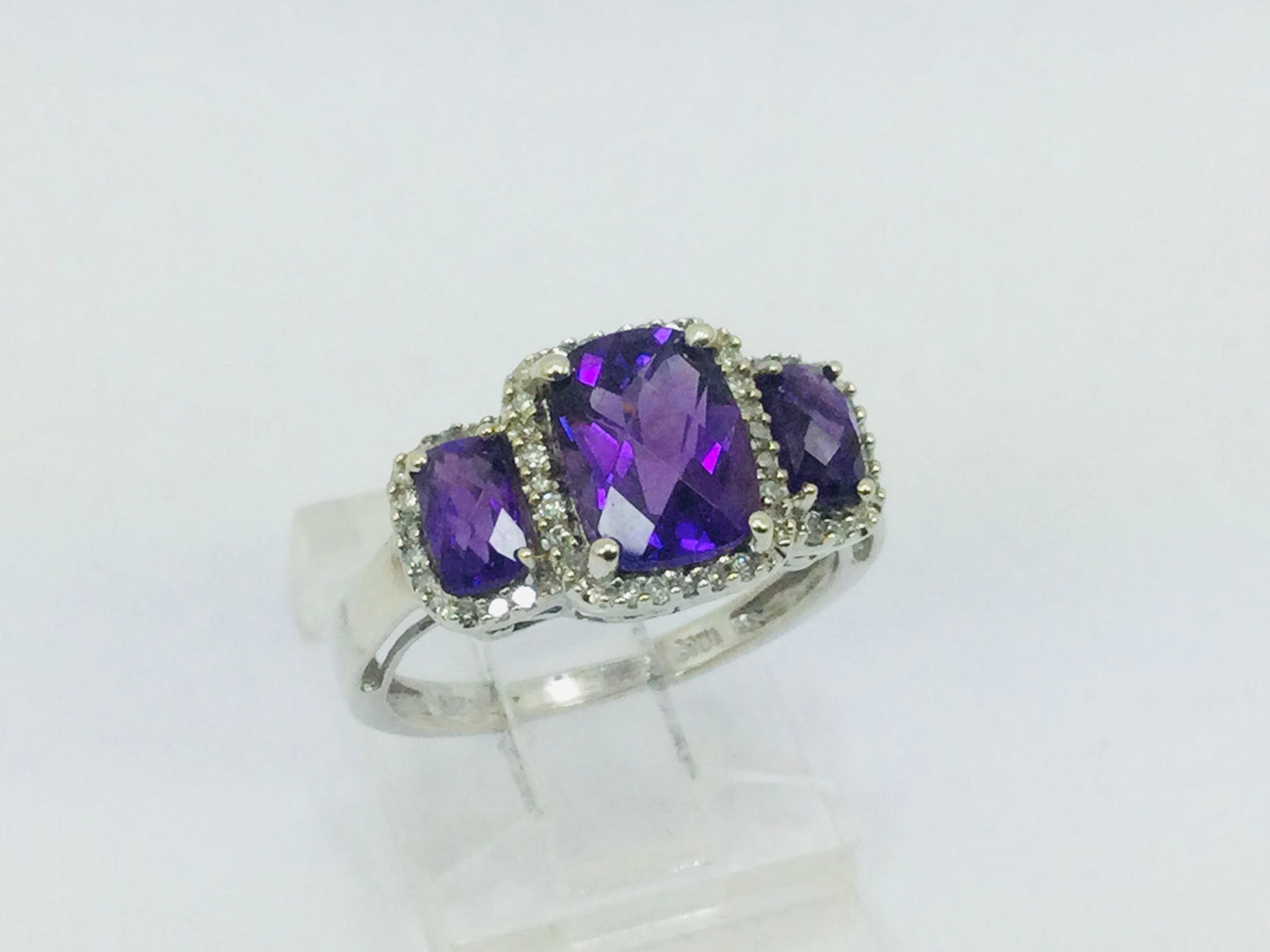10k White Gold Cushion Cut Amethyst February Birthstone & Diamond Halo Ring