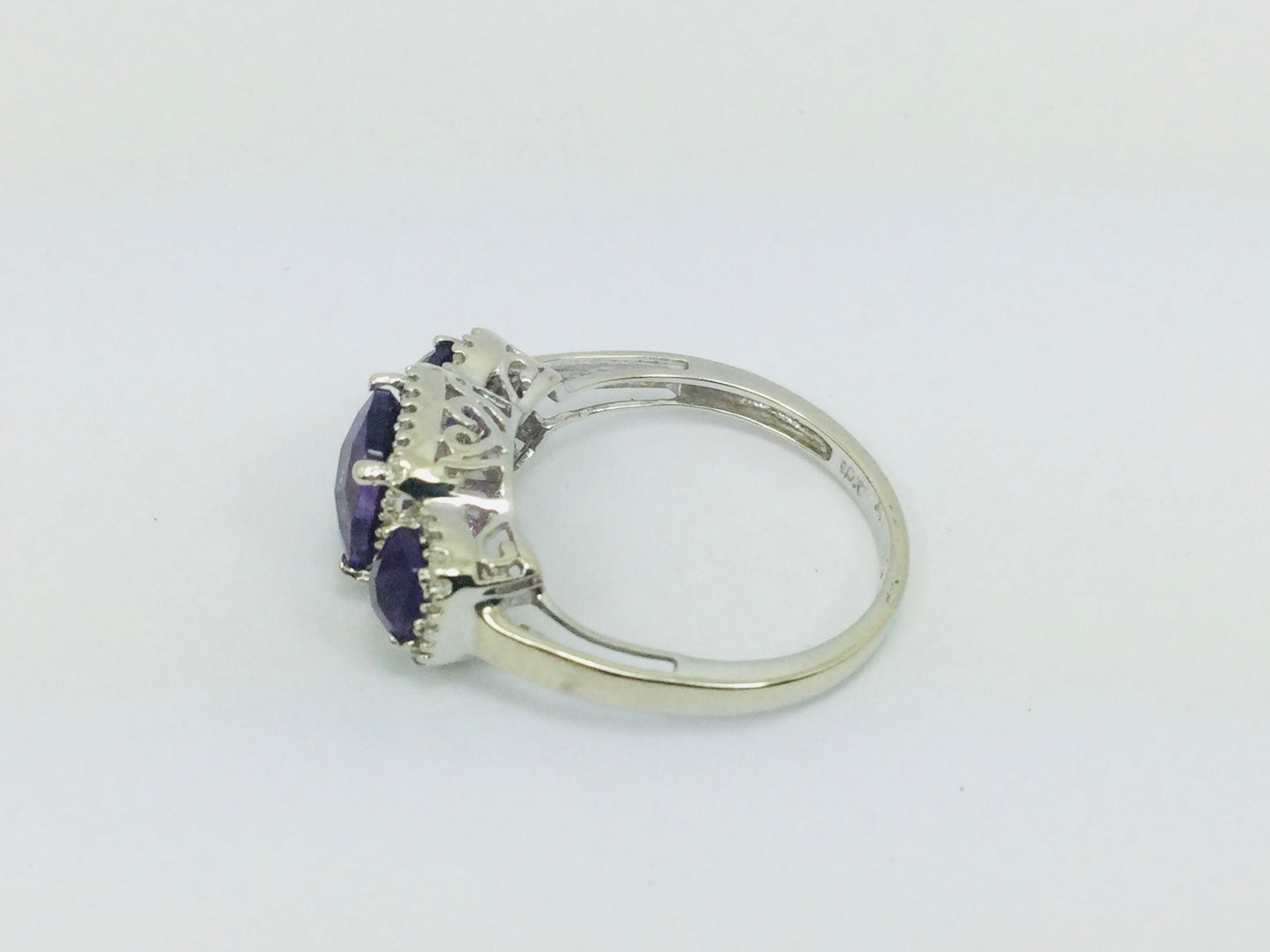 10k White Gold Cushion Cut Amethyst February Birthstone & Diamond Halo Ring