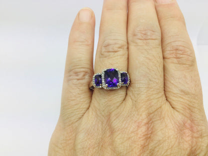 10k White Gold Cushion Cut Amethyst February Birthstone & Diamond Halo Ring