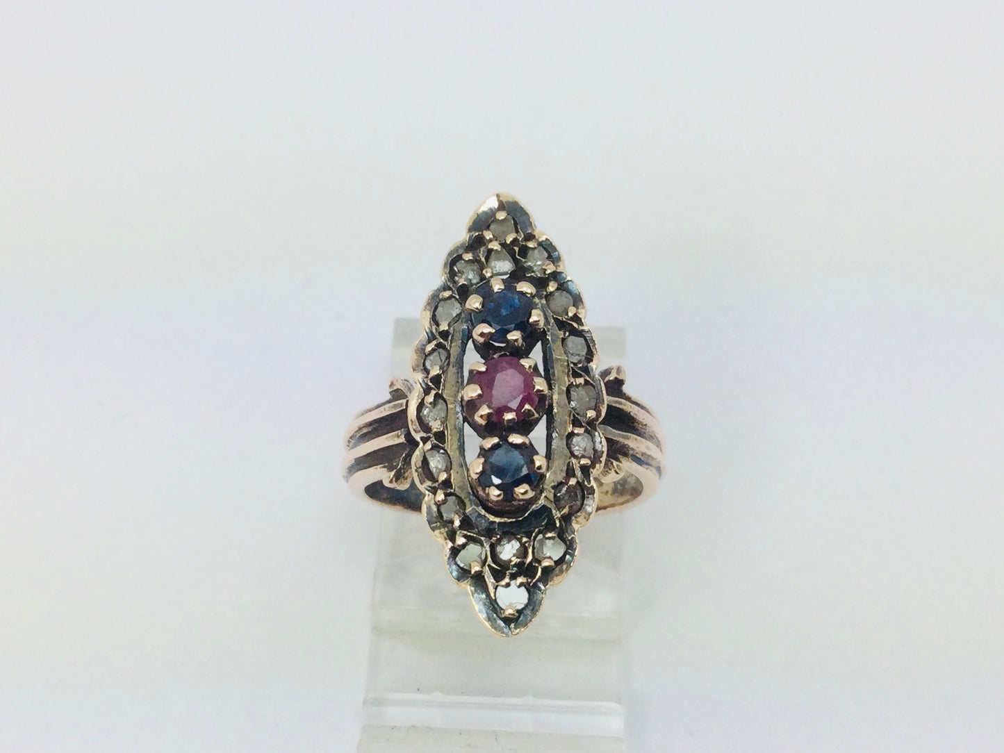 10k Yellow Gold Round Cut 11pt Ruby, 22pt Sapphire and 36pt Diamond Vintage Ring