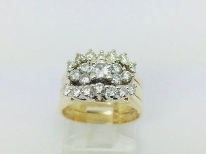14k Yellow Gold Round Cut 1.11ct Diamond Cluster Engagement and Wedding Ring Set