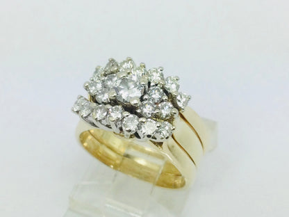 14k Yellow Gold Round Cut 1.11ct Diamond Cluster Engagement and Wedding Ring Set